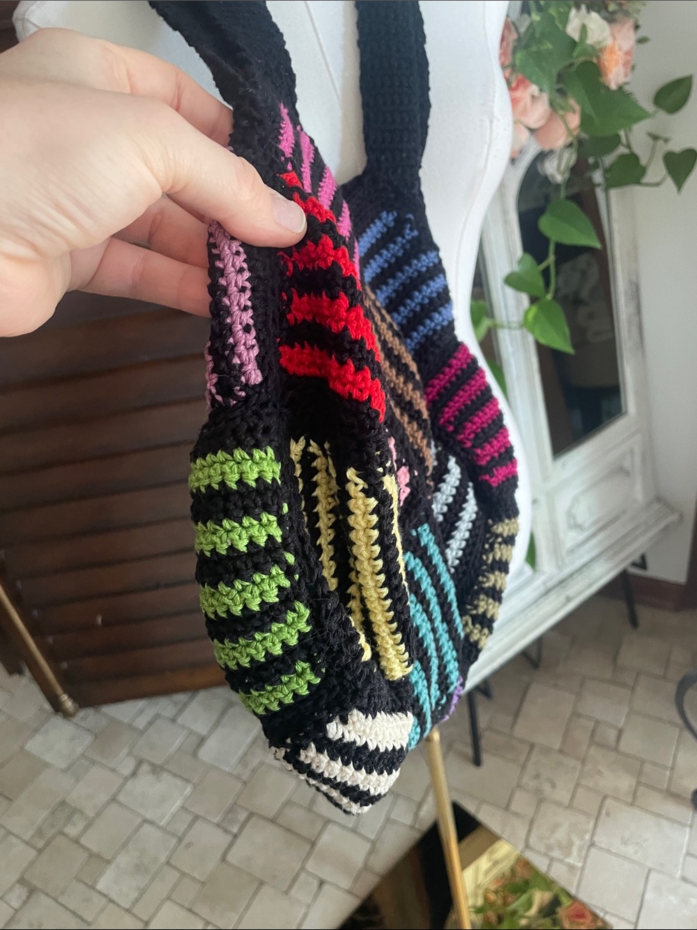 Black Crochet Patchwork Shoulder Bag Multicolor Boho Festival Artsy Art - Picture 6 of 11